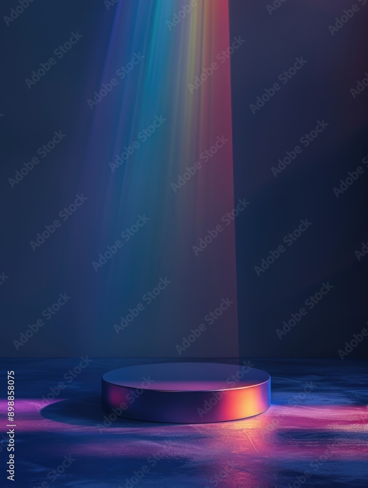 A large, round, silver object is illuminated by a colorful light. The light is shining on the object, creating a sense of depth and dimension. The scene is set in a dark room A large, round, silver object is illuminated by a colorful light. The light is shining on the object, creating a sense of depth and dimension. The scene is set in a dark room
