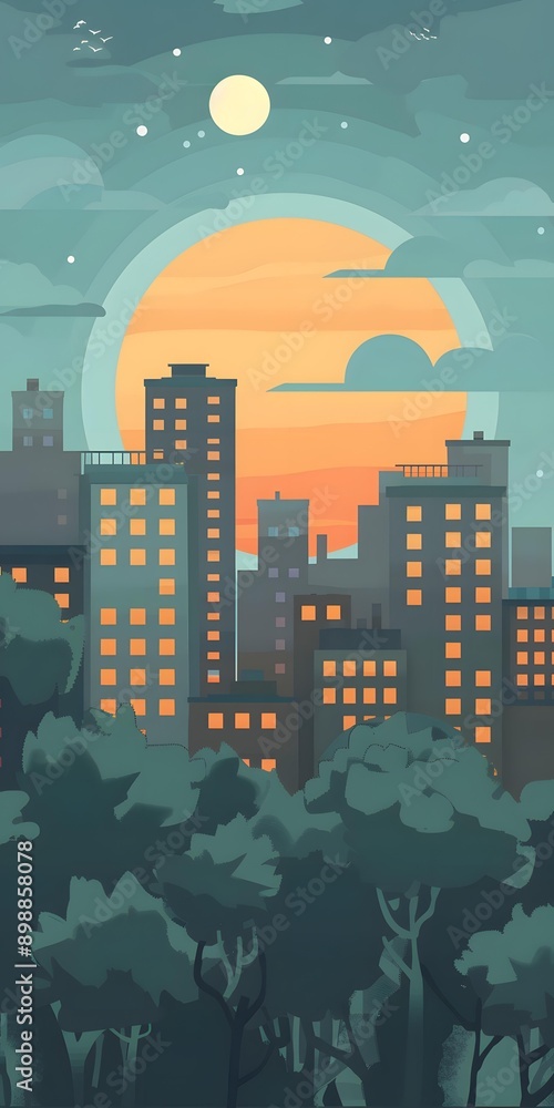 Fototapeta premium Cityscape Illustration with Sunset and Forest