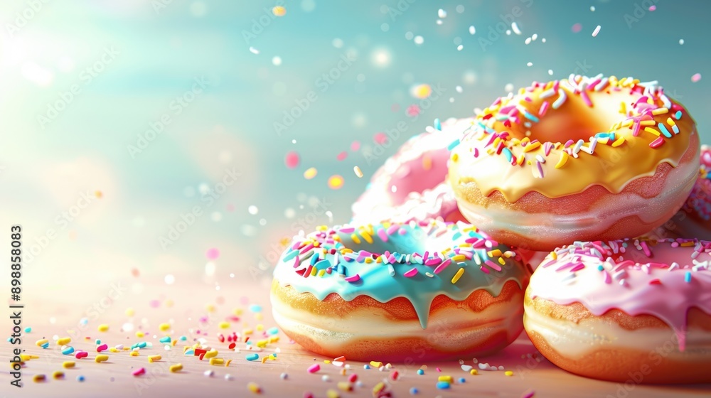 A stack of colorful donuts with sprinkles on top. The donuts are arranged in a pyramid shape, with the top one being the largest and the bottom one being the smallest A stack of colorful donuts with sprinkles on top. The donuts are arranged in a pyramid shape, with the top one being the largest and the bottom one being the smallest