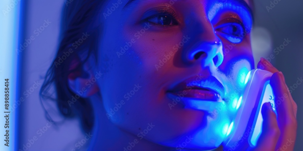 A woman is holding a blue device in her hand. The woman is focused on the device, possibly using it for a specific purpose A woman is holding a blue device in her hand. The woman is focused on the device, possibly using it for a specific purpose
