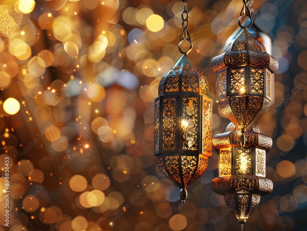 Three lanterns hanging from a chain, with a blurry background. The lanterns are lit up, creating a warm and inviting atmosphere Three lanterns hanging from a chain, with a blurry background. The lanterns are lit up, creating a warm and inviting atmosphere