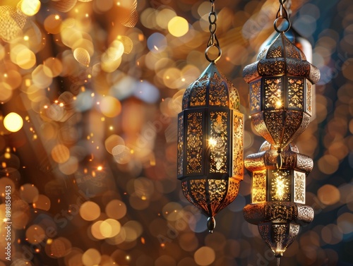 Three lanterns hanging from a chain, with a blurry background. The lanterns are lit up, creating a warm and inviting atmosphere