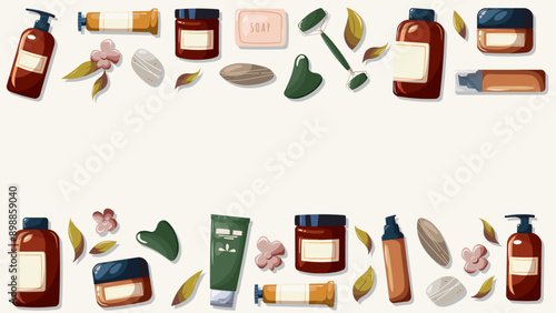 Hand drawn beauty and skin care products in a line on light background for banner, advertisement and poster. Vector cartoon stylization. Natural spa cosmetic composition