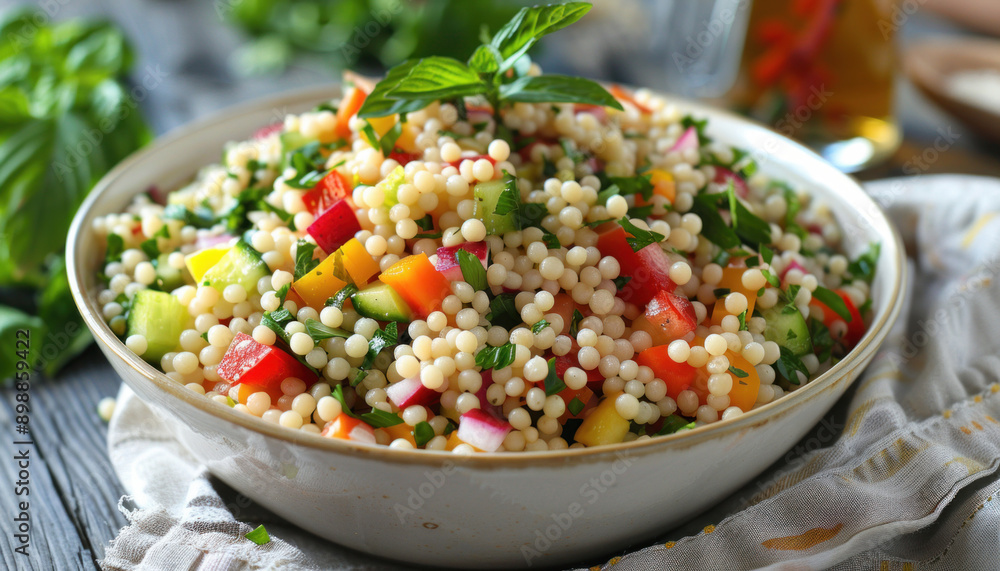 A bowl of couscous salad with assorted fresh vegetables is elegantly presented on a table A bowl of couscous salad with assorted fresh vegetables is elegantly presented on a table