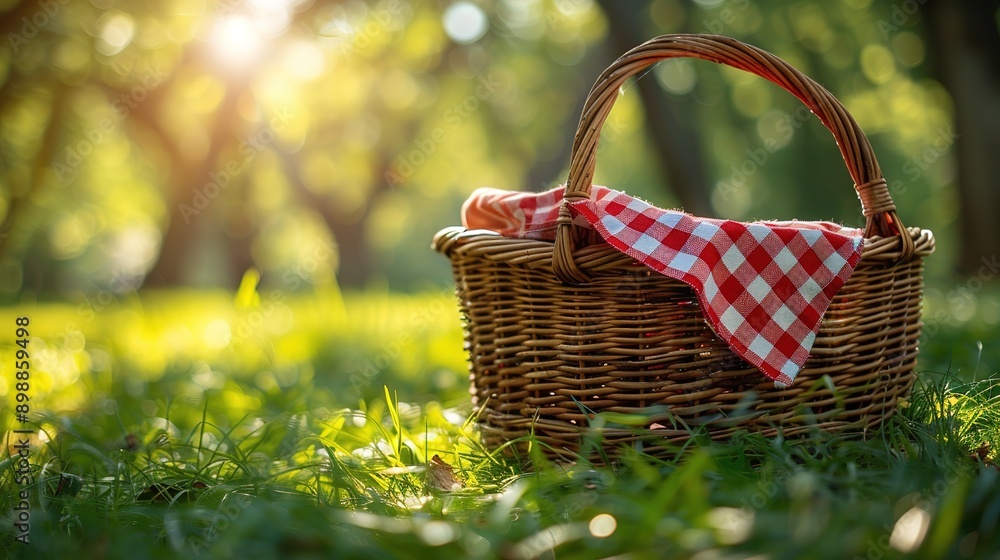 One picnic wicker basket with checkered napkin and blanket on green grass. Space for text One picnic wicker basket with checkered napkin and blanket on green grass. Space for text