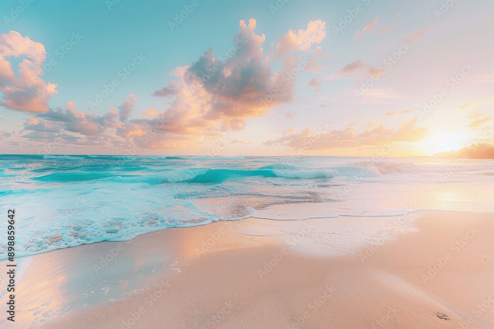 A serene sunset over a calm ocean with gentle waves lapping against a sandy beach A serene sunset over a calm ocean with gentle waves lapping against a sandy beach