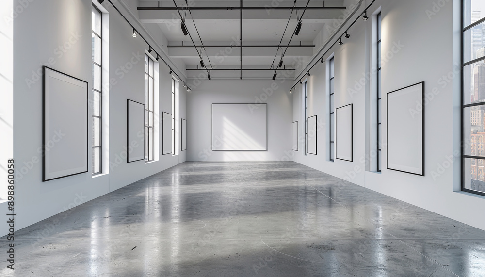 Fototapeta premium Clean white wall with empty vertical frame mock up 
