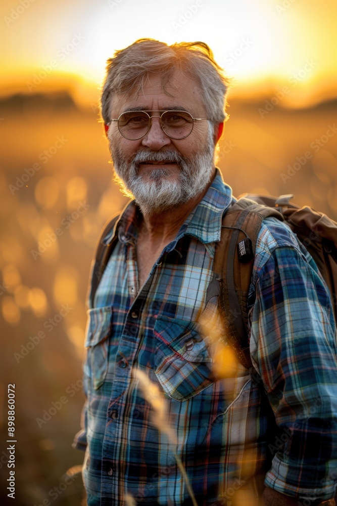 A man with a backpack smiles at the camera. AI. A man with a backpack smiles at the camera. AI.