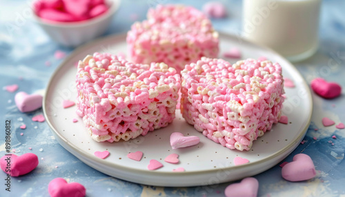 A white plate holds three pink heartshaped rice krispie treats alongside pink marshmallows photo