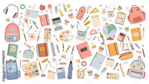 Back to school background with set of stickers. Collection of supplies with calligraphy for children. Vector illustration of art supplies and school stationery, cartoon style. Back to school season