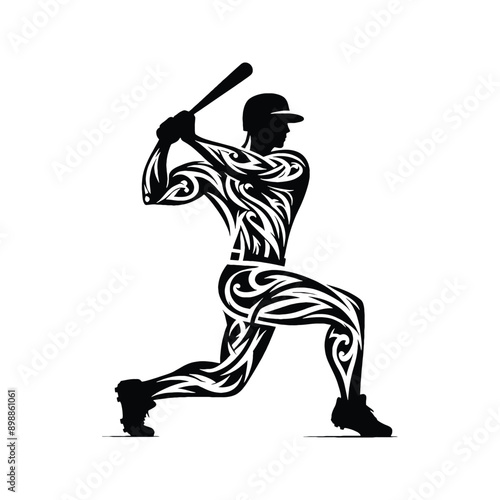 baseball male player in ethnic tribal pattern illustration, emblem shield badge