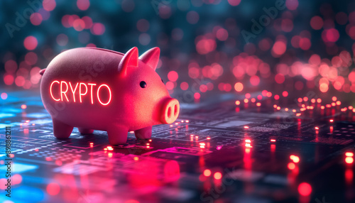 Money saving piggy bank with neon word Crypto on side, abstract digital background. Investing in cryptocurrencies concept. Generative AI
