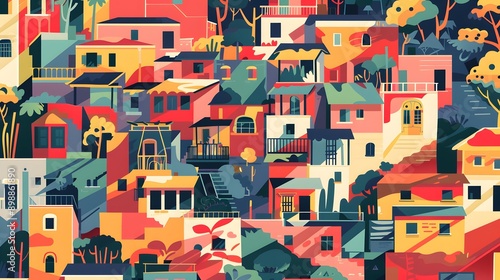 Colorful Illustration of a Cityscape with Buildings and Trees