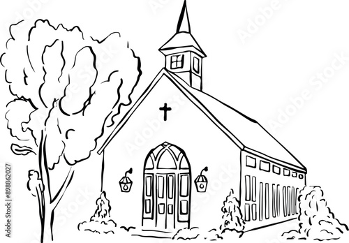 Ilustración de iglesia dibujada a mano. Capilla para invitación de boda, papelería o branding. Lugar de boda. Vector