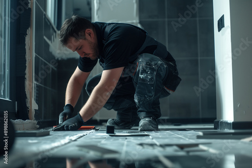 Skilled tradesperson installing tiles in a modern indoor space during daytime. Generative AI photo