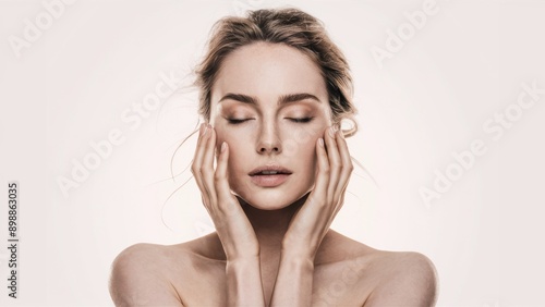 A woman with her hands on the face and eyes closed, AI