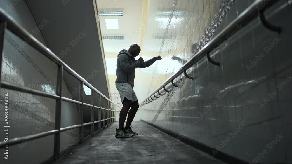 4K African man in sportswear do combat boxing exercise with punching the air in street crossing tunnel at night. Healthy guy athlete enjoy outdoor active lifestyle sport training workout in the city. 4K African man in sportswear do combat boxing exercise with punching the air in street crossing tunnel at night. Healthy guy athlete enjoy outdoor active lifestyle sport training workout in the city.
