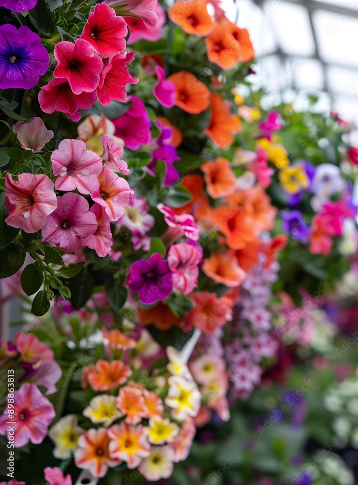 Colorful Petunia Flowers Hanging in a Greenhouse Colorful Petunia Flowers Hanging in a Greenhouse