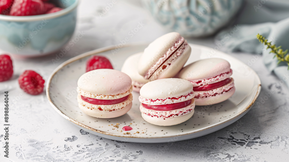 Fototapeta premium styling french macaron on a plate with props on white concrete background