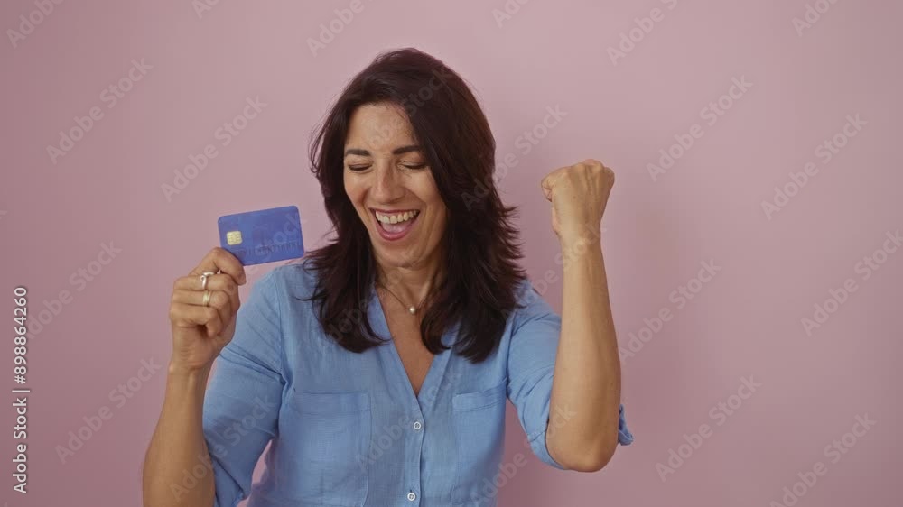 Woman holding credit card pointing smiling isolated pink background middle-aged happy excited Woman holding credit card pointing smiling isolated pink background middle-aged happy excited