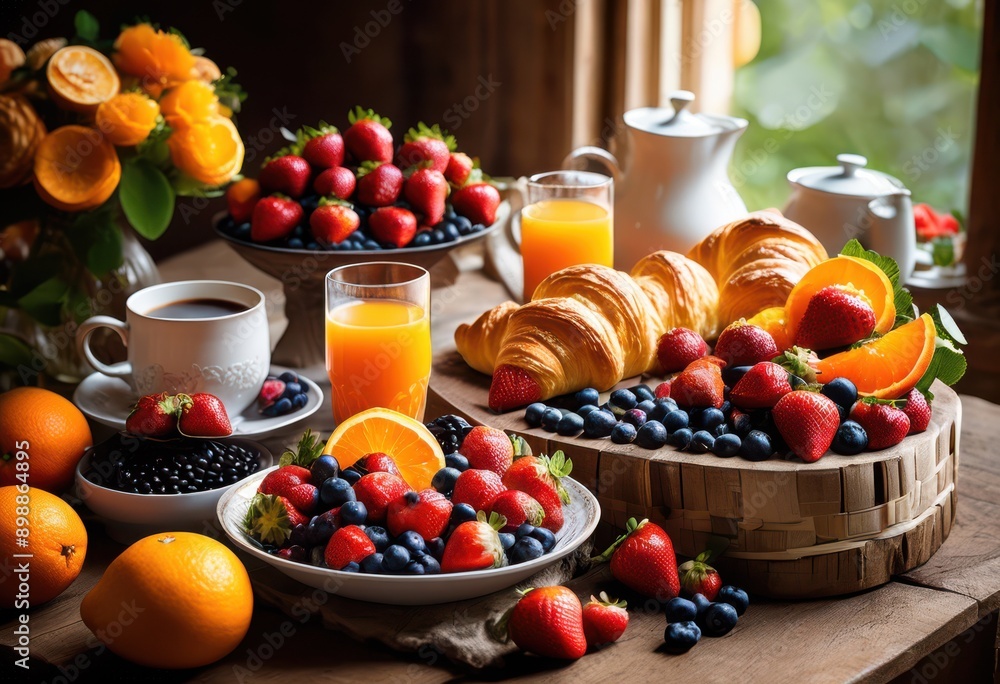 artistic arrangement breakfast items table featuring fresh decorative accents visually appealing morning setting, fruits, pastries, beverages, layout artistic arrangement breakfast items table featuring fresh decorative accents visually appealing morning setting, fruits, pastries, beverages, layout