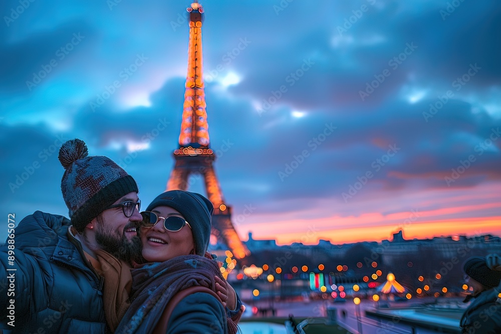 Fototapeta premium Couple taking a selfie in front of the Eiffel Tower at dusk