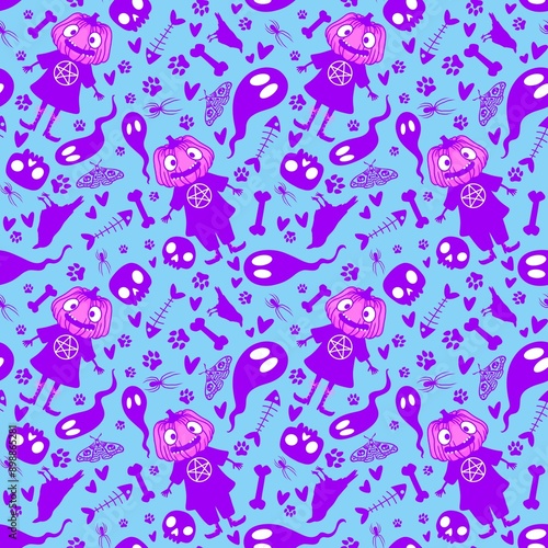 Halloween pumpkins seamless monsters pattern for wrapping paper and fabric