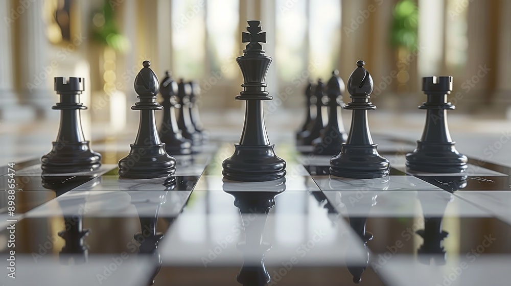 Chessboard with black pieces lined up on marble surface, black king standing out from the rest Chessboard with black pieces lined up on marble surface, black king standing out from the rest