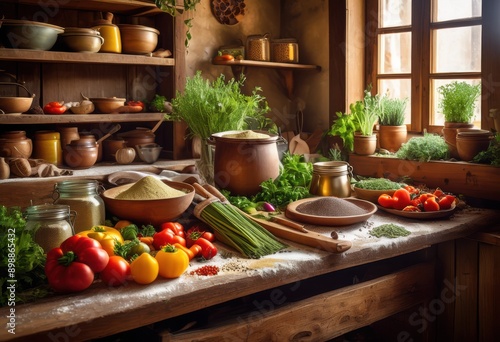 creative food styling rustic kitchen scene featuring fresh handcrafted warm textures, ingredients, utensils, wooden, table, plates, bowls, herbs, vegetables