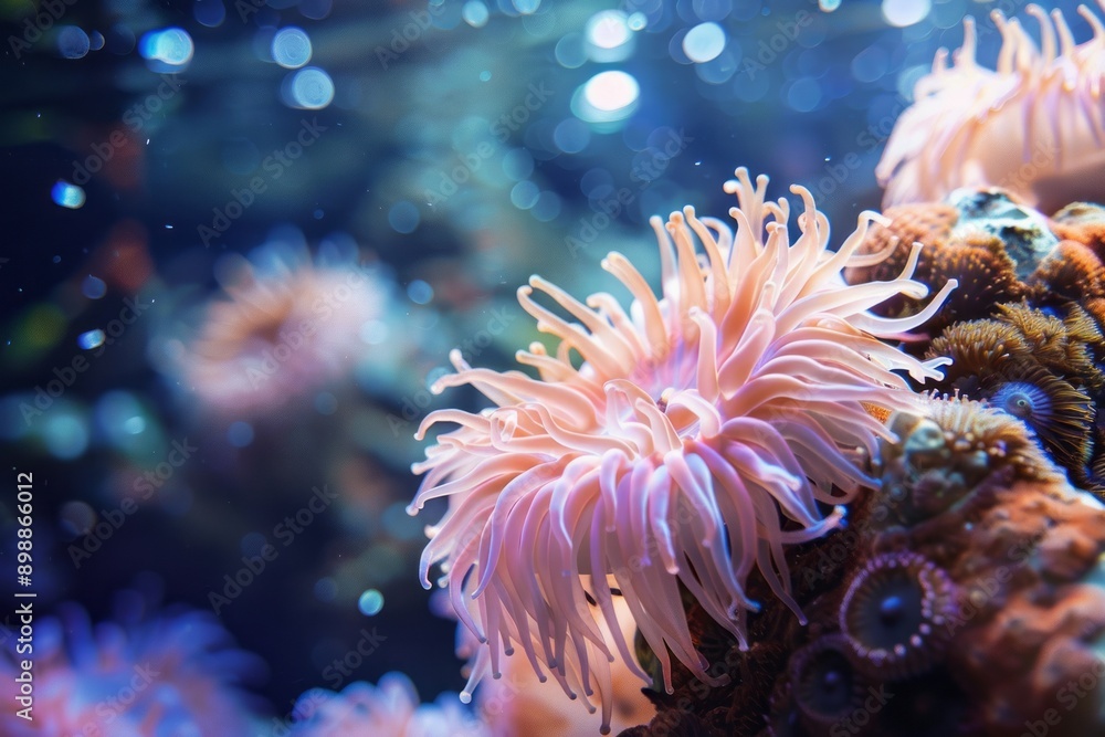 Anemone under the sea, coral anemone underwater in ocean sea. Anemone under the sea, coral anemone underwater in ocean sea.