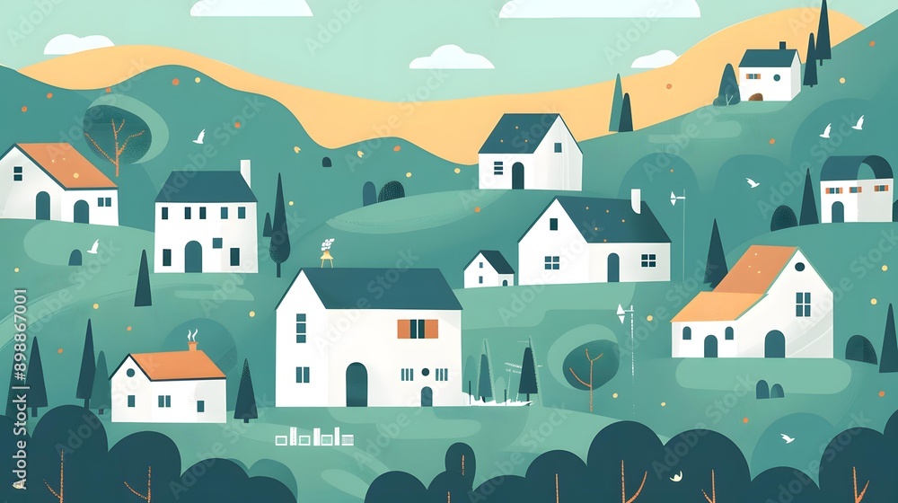 Illustration of a Small Town on a Hilltop Illustration of a Small Town on a Hilltop