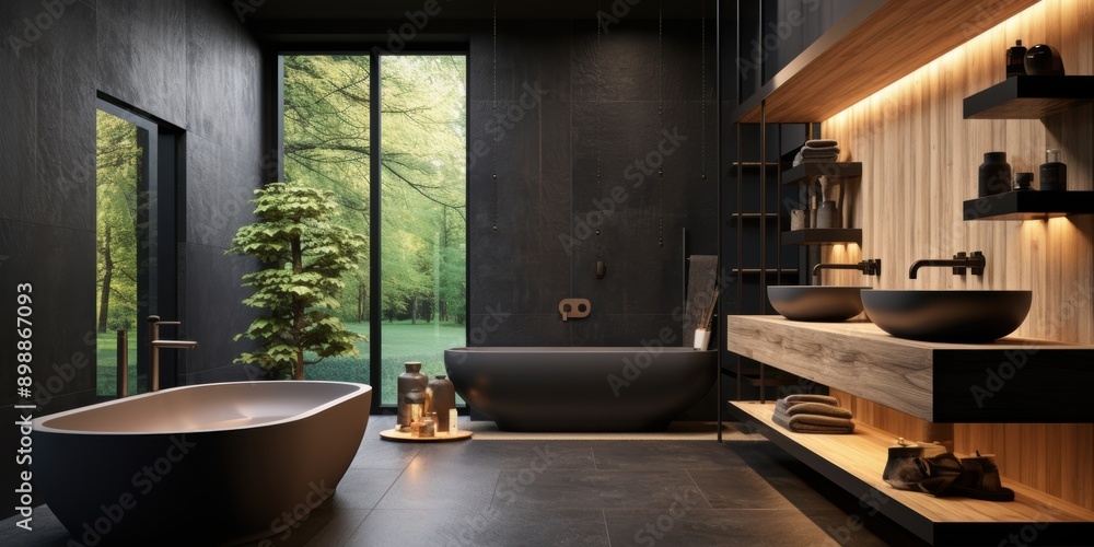Bathroom interior design with matte black bath and modern shower Bathroom interior design with matte black bath and modern shower
