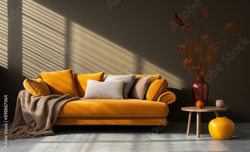 Stylish interior of living room at fancy home with design sofa, yellow side table, dried flowers, pillow, carpet decor and personal accessories in modern home decor. Template. Copy space photo