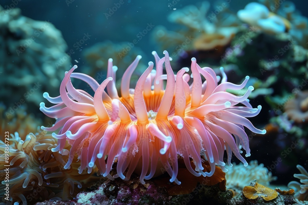 Anemone under the sea, coral anemone underwater in ocean sea. Anemone under the sea, coral anemone underwater in ocean sea.
