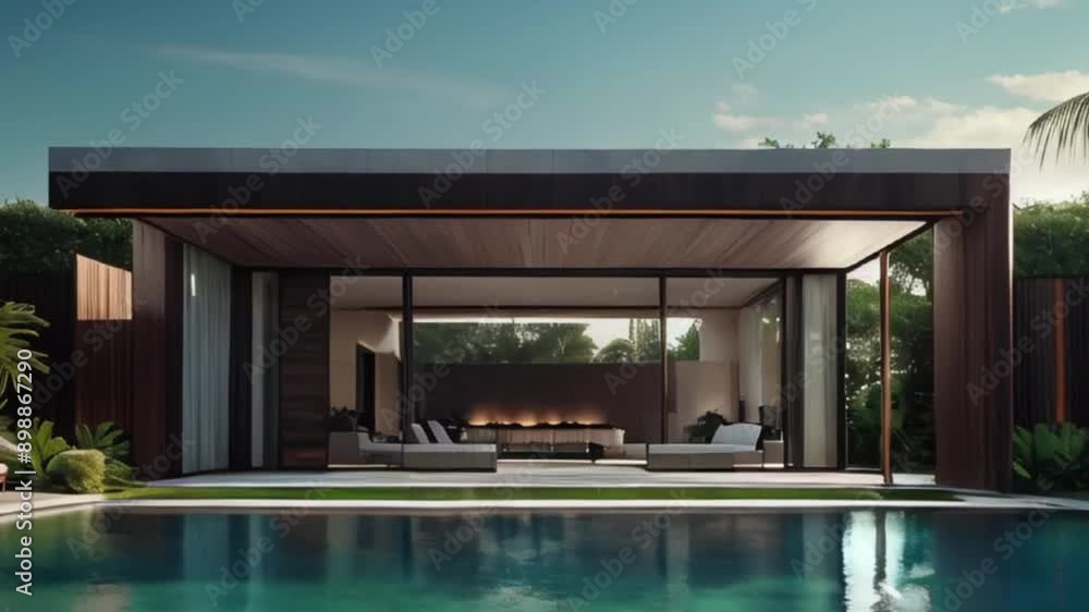 Modern Covered Patio with Fireplace and Pool in Tropical Setting Modern Covered Patio with Fireplace and Pool in Tropical Setting