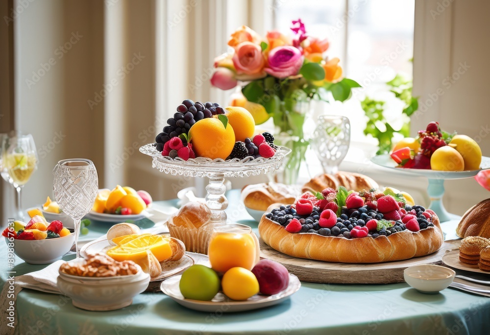 Fototapeta premium delightful brunch setup showcasing vibrant dishes colorful fresh inviting table arrangement, presentation, ingredients, meal, food, plates, fruits, vegetables