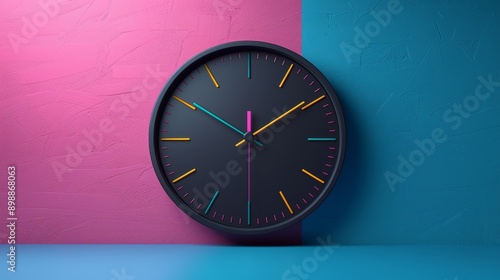 Wallpaper Mural Modern clock with colorful hands is hanging on a pink and blue wall, indicating the current time Torontodigital.ca