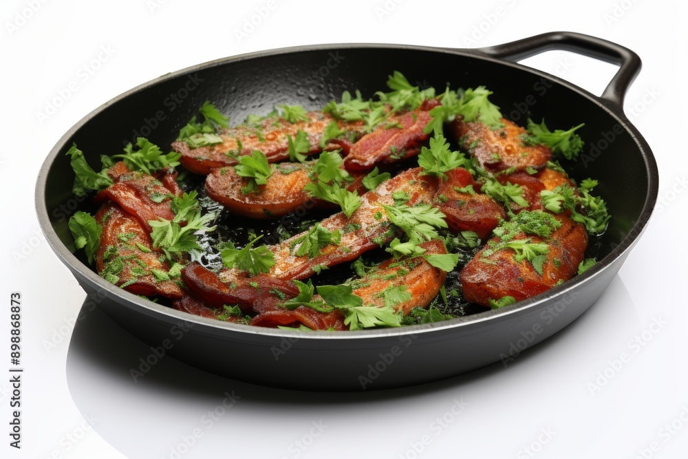 Crispy bacon slices on black skillet realistic 3d rendered cooking illustration Crispy bacon slices on black skillet realistic 3d rendered cooking illustration