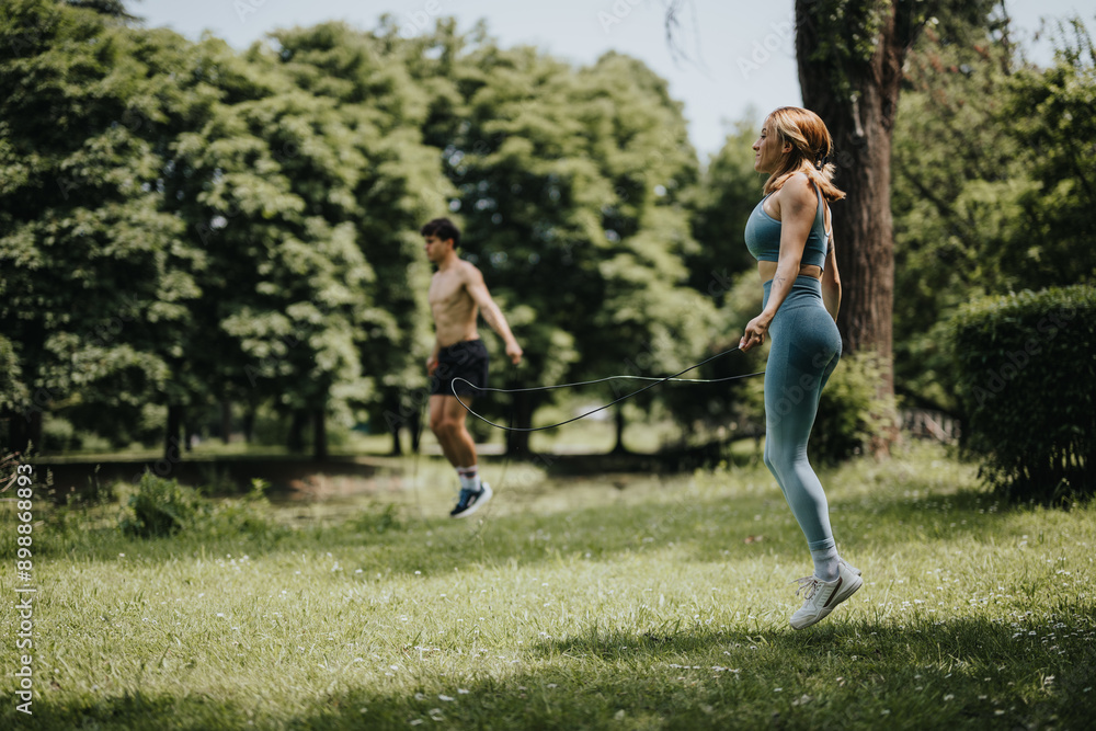 Athletic man and woman engaging in a fitness routine with skipping ropes at a park, showcasing an active lifestyle and outdoor workout sessions. Athletic man and woman engaging in a fitness routine with skipping ropes at a park, showcasing an active lifestyle and outdoor workout sessions.