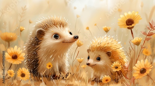 Cute Hedgehogs in a Field of Flowers photo