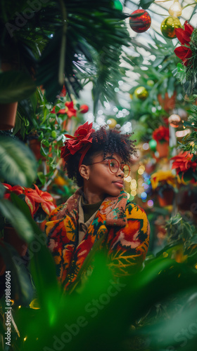black hipster woman in a floral outfit with warm christmas lights and flowers
