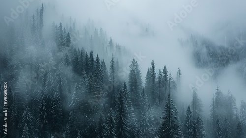 Foggy mountain landscape with coniferous forest and fog in winter