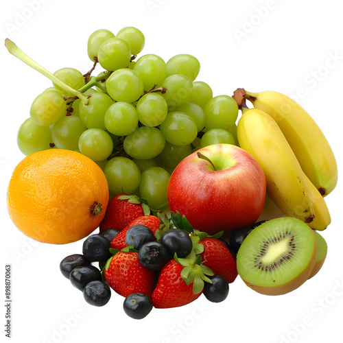 [Transparent Background PNG]Fresh Fruit Arrangement with Green Grapes, Apples, Bananas, Oranges, Kiwi, Blueberries, and Strawberries photo