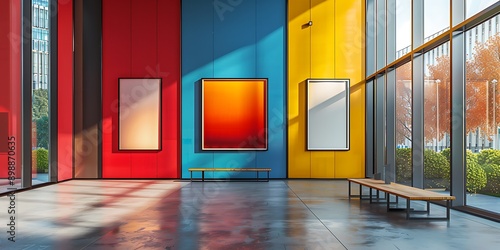 Modern exhibition, steel frames, colorful wall. photo