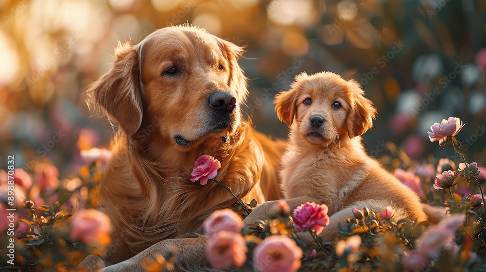 Golden Retriever Puppy and Mother in a Rose Garden Golden Retriever Puppy and Mother in a Rose Garden