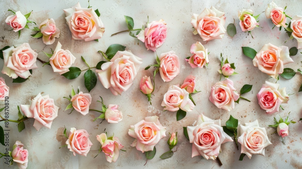 Peach pink roses pattern on concrete backdrop with space for text Peach pink roses pattern on concrete backdrop with space for text