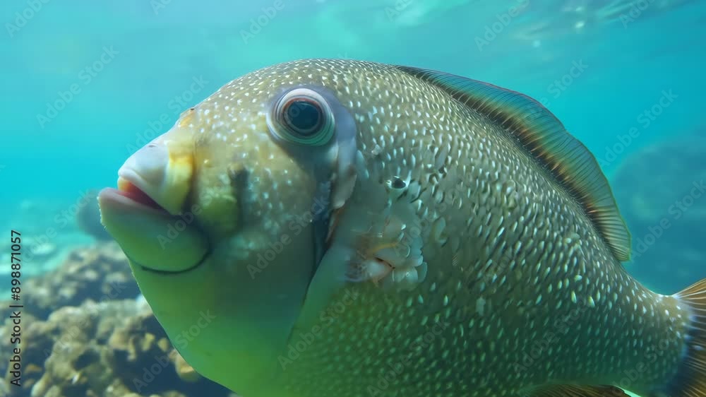 fish in the sea. Tilting from the side towards the pufferfish's face and focusing on it. The background blurs, emphasizing the pufferfish's serious expression.