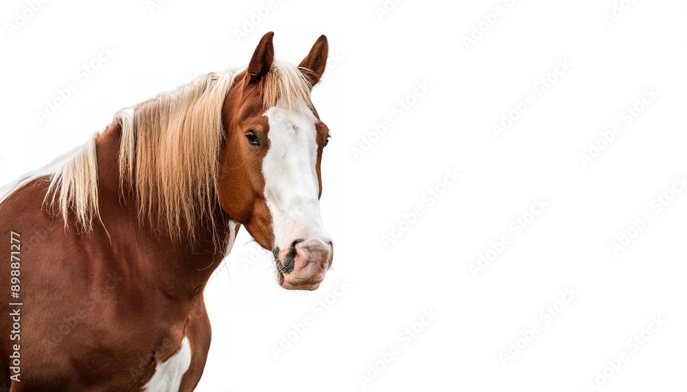Obraz premium close up view of a brown horse with mane hair showing. isolated on white background with copy space. cute adorable farm livestock mammal animal concept