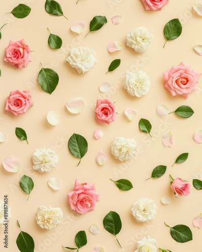Wallpaper Mural A pattern of pink and white roses, green leaves scattered on a light yellow background, in the style of flat lay photography Torontodigital.ca