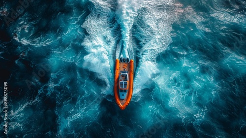 Aerial view of an orange and white rigid inflatable boat sailing fast in a deep blue ocean, leaving a foamy trail behind